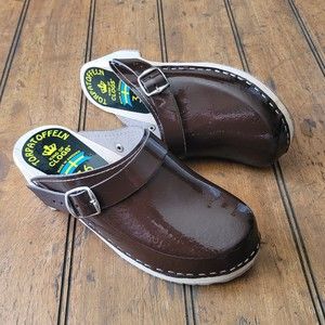 Women's Torpatoffeln Sweden Wooden Brown Patent Leather Clogs- Size 36